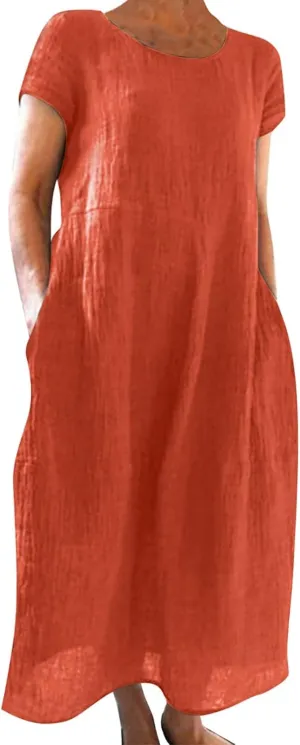 Summer Cotton Linen Dresses for Women Short Sleeve Square Neck Midi Sundresses for Women 2025 Swing Party Short Dresses