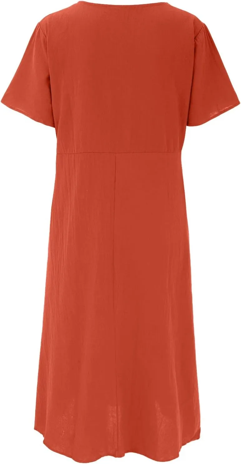 Summer Cotton Linen Dresses for Women Short Sleeve Square Neck Midi Sundresses for Women 2025 Swing Party Short Dresses