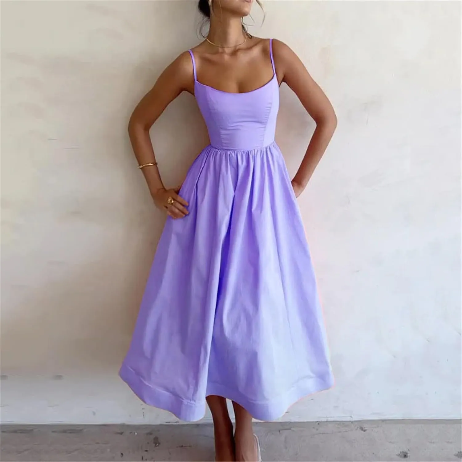 Summer Dress Casual Women Spaghetti Strap Sexy Low-Cut Sleeveless Maxi Dresses Waist Pleated Aline Flowy Swing Dress