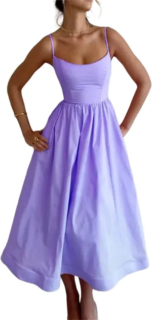 Summer Dress Casual Women Spaghetti Strap Sexy Low-Cut Sleeveless Maxi Dresses Waist Pleated Aline Flowy Swing Dress