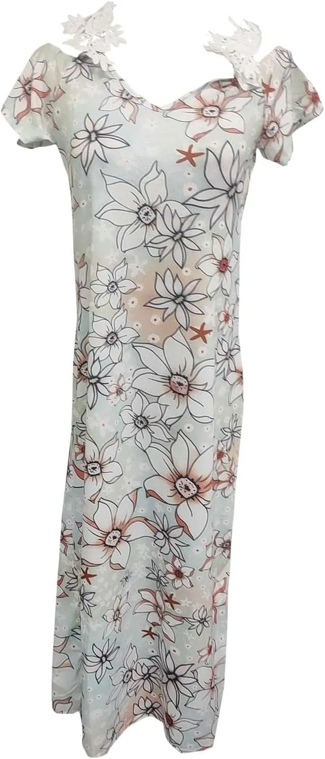 Summer Dress for Women Print V-Neck Off Shoulder Short Sleeve Splicing Lace Summer Casual Flowy Maxi Dress