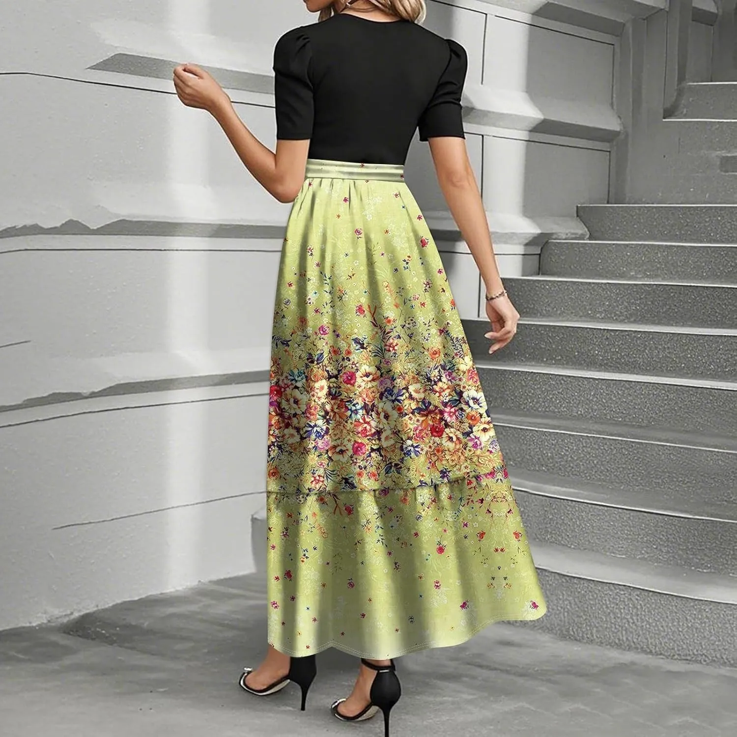 Summer Dress for Women Short Sleeve Elegant Floral High Waist Splicing Belted Flowy Maxi Wedding Guest Patchwork Dress