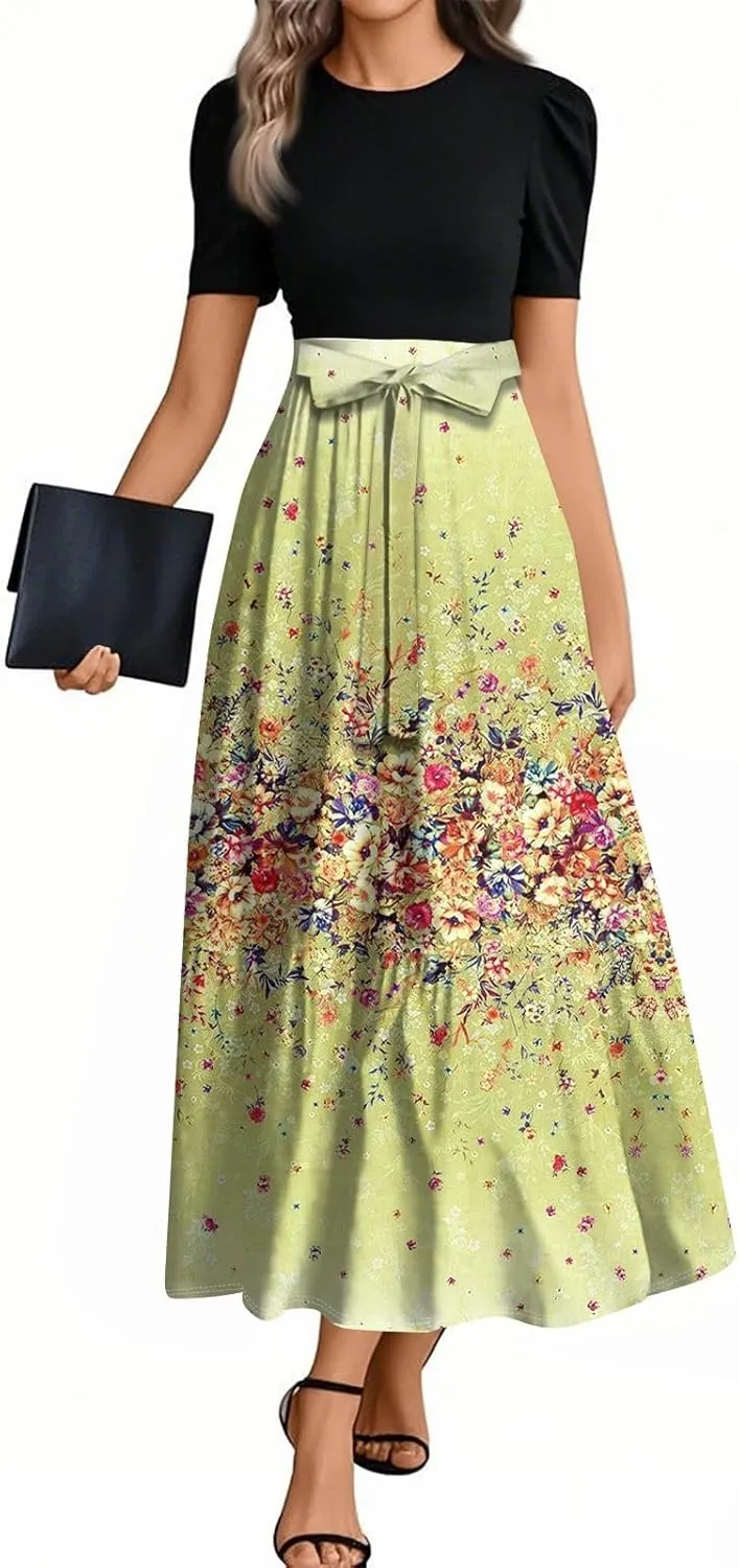 Summer Dress for Women Short Sleeve Elegant Floral High Waist Splicing Belted Flowy Maxi Wedding Guest Patchwork Dress