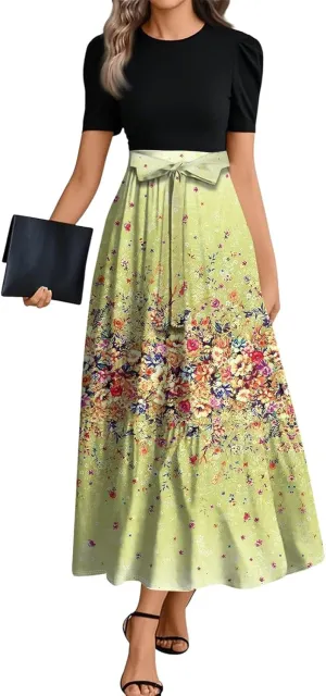 Summer Dress for Women Short Sleeve Elegant Floral High Waist Splicing Belted Flowy Maxi Wedding Guest Patchwork Dress