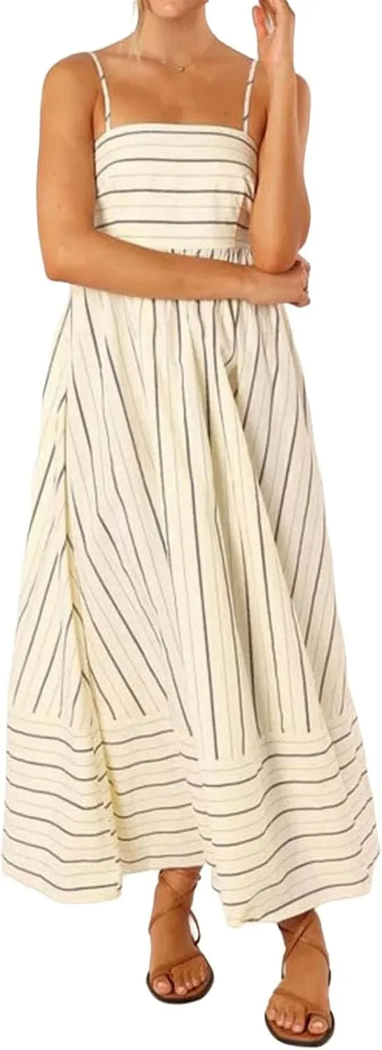 Summer Dress for Women Striped Sleeveless Spaghetti Strap A Line Maxi Dress Ruffle Waist Flowy Swing Sundress 2025