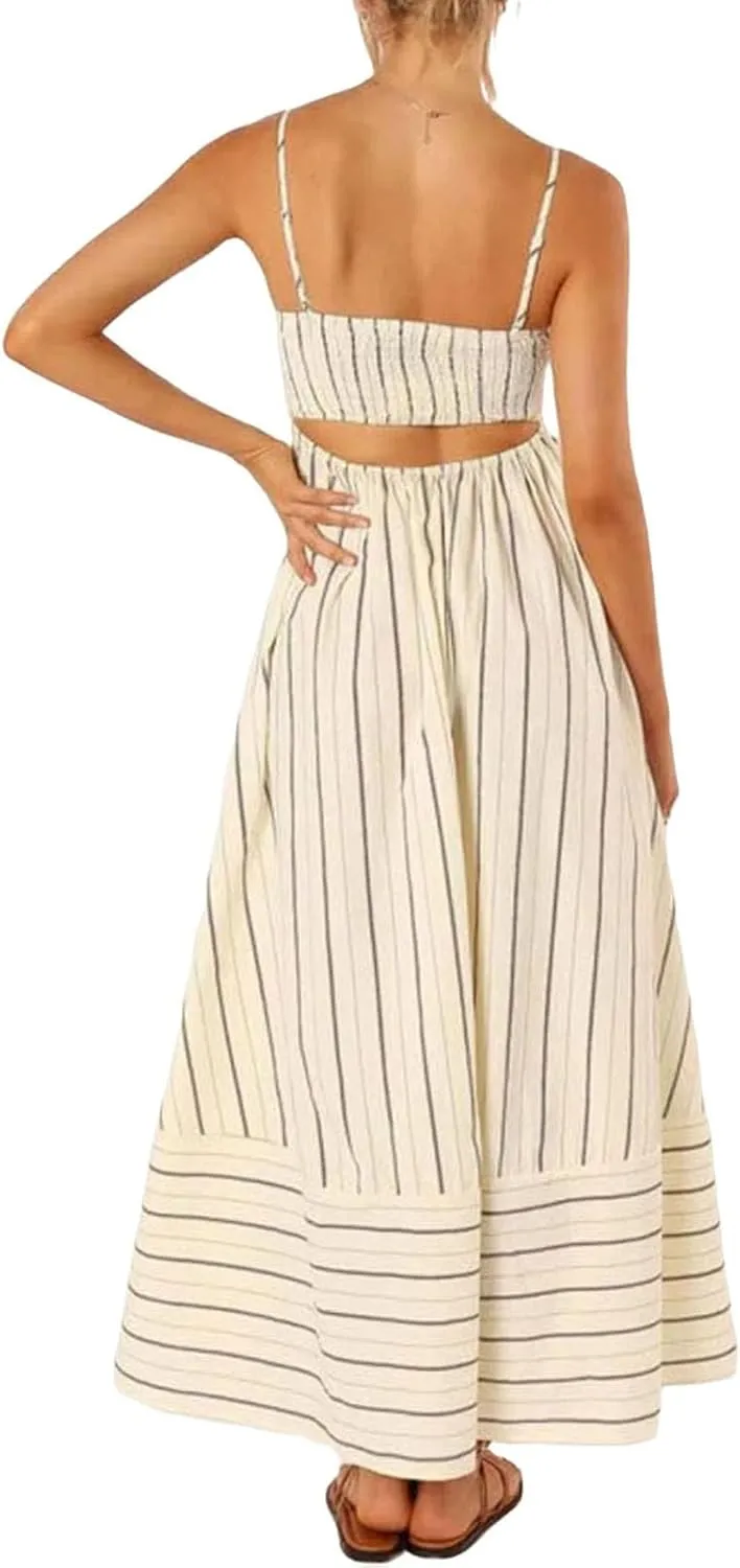 Summer Dress for Women Striped Sleeveless Spaghetti Strap A Line Maxi Dress Ruffle Waist Flowy Swing Sundress 2025