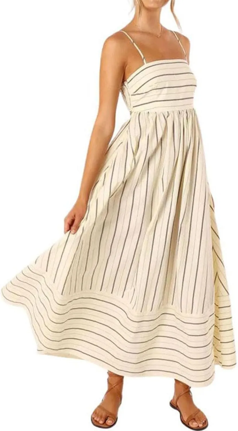 Summer Dress for Women Striped Sleeveless Spaghetti Strap A Line Maxi Dress Ruffle Waist Flowy Swing Sundress 2025