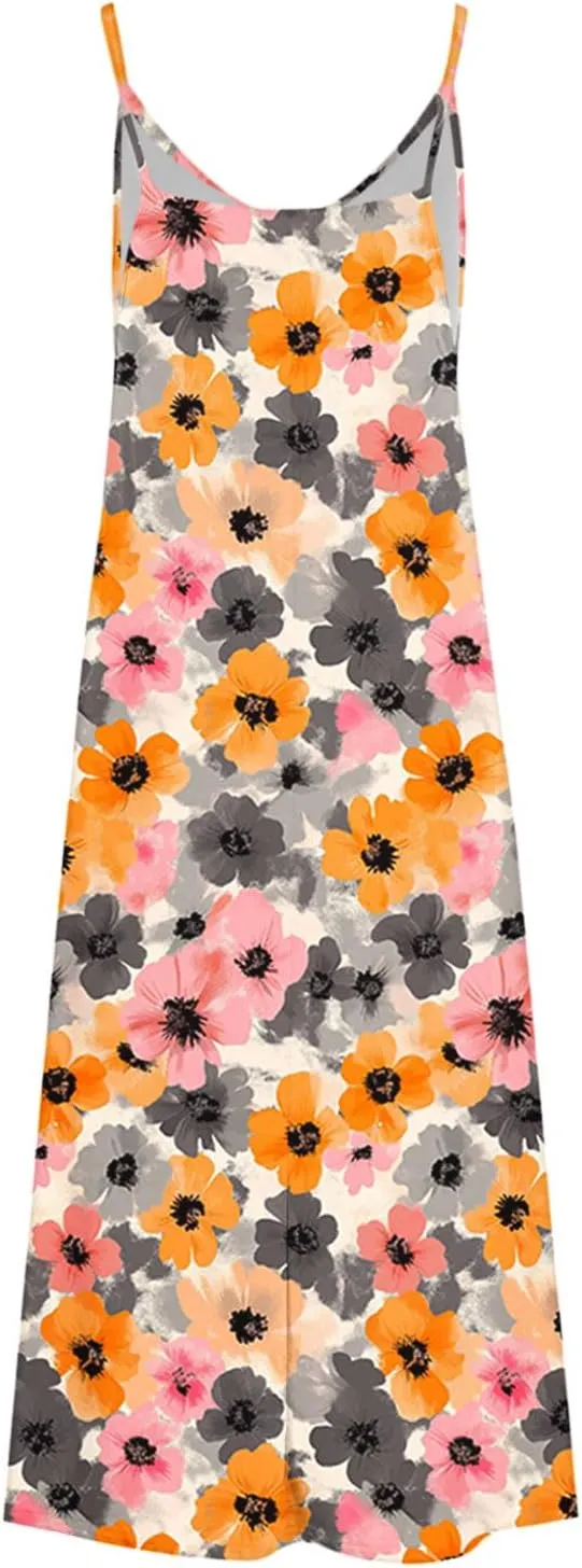 Summer Dresses for Women 2025 Beach Vacation Sleeveless Long Dress Floral Printed V Neck Casual Beach Boho Dress