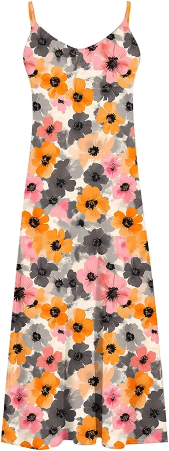 Summer Dresses for Women 2025 Beach Vacation Sleeveless Long Dress Floral Printed V Neck Casual Beach Boho Dress
