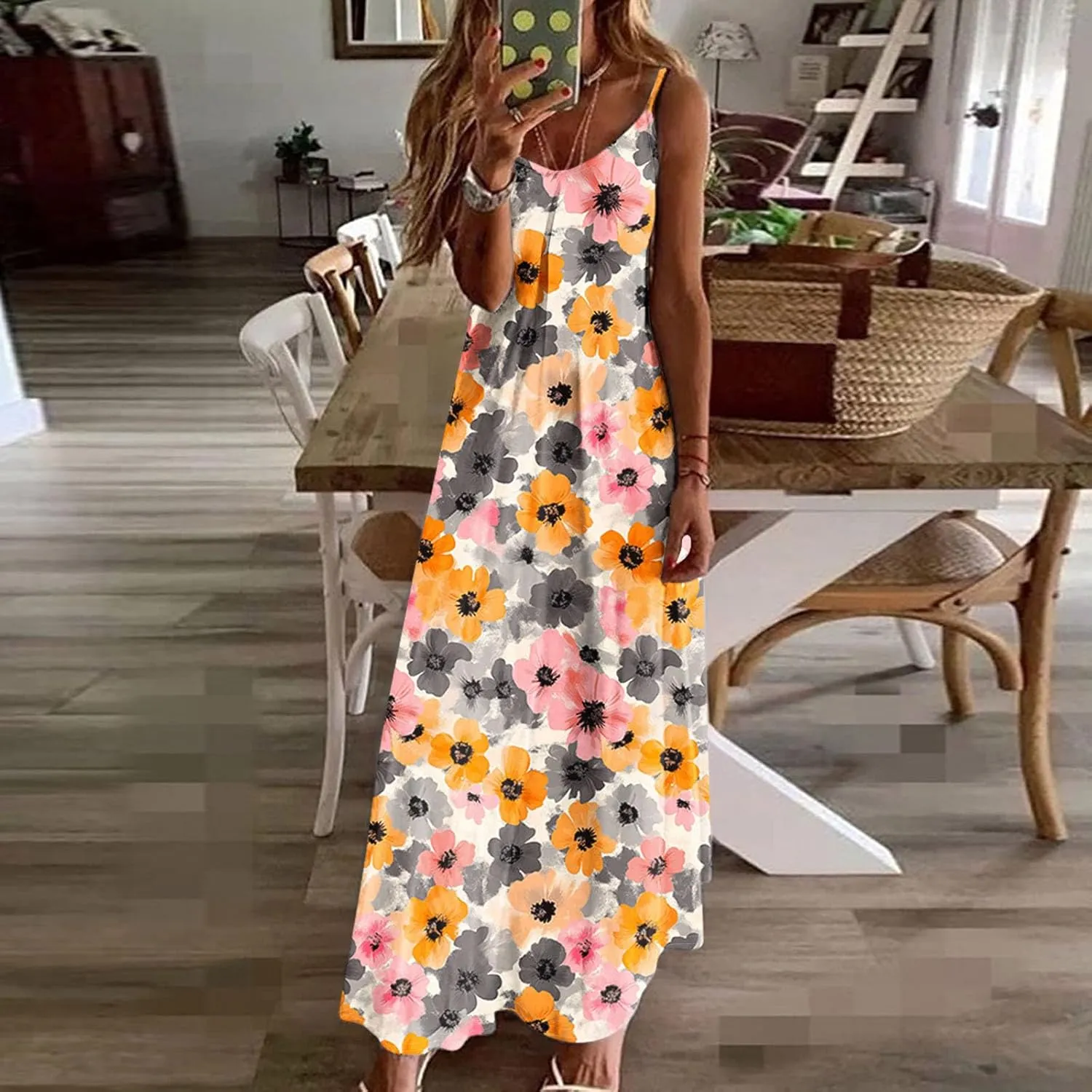 Summer Dresses for Women 2025 Beach Vacation Sleeveless Long Dress Floral Printed V Neck Casual Beach Boho Dress