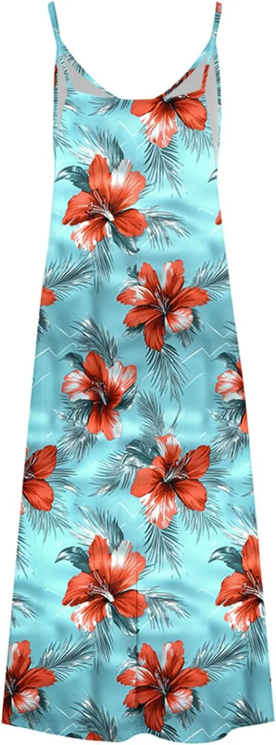 Summer Dresses for Women 2025 Beach Vacation Sleeveless Long Dress Floral Printed V Neck Casual Beach Boho Dress