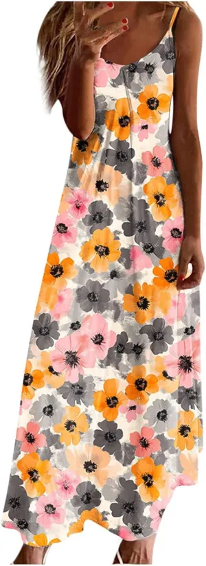 Summer Dresses for Women 2025 Beach Vacation Sleeveless Long Dress Floral Printed V Neck Casual Beach Boho Dress