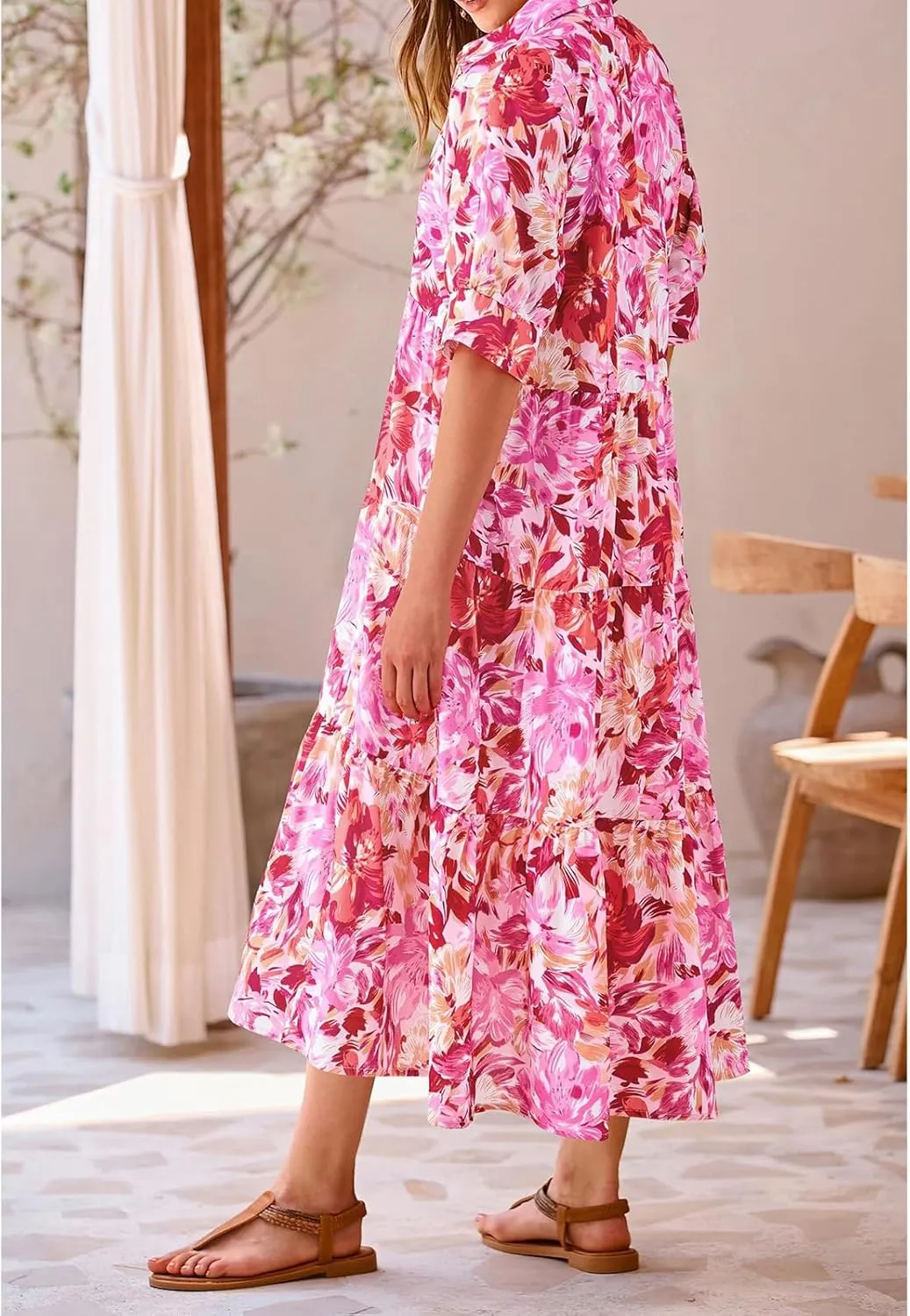 Summer Dresses for Women 2025 Button Down Coolared Shirts Maxi Dress Boho Floral Sundress with Pocket Maxi