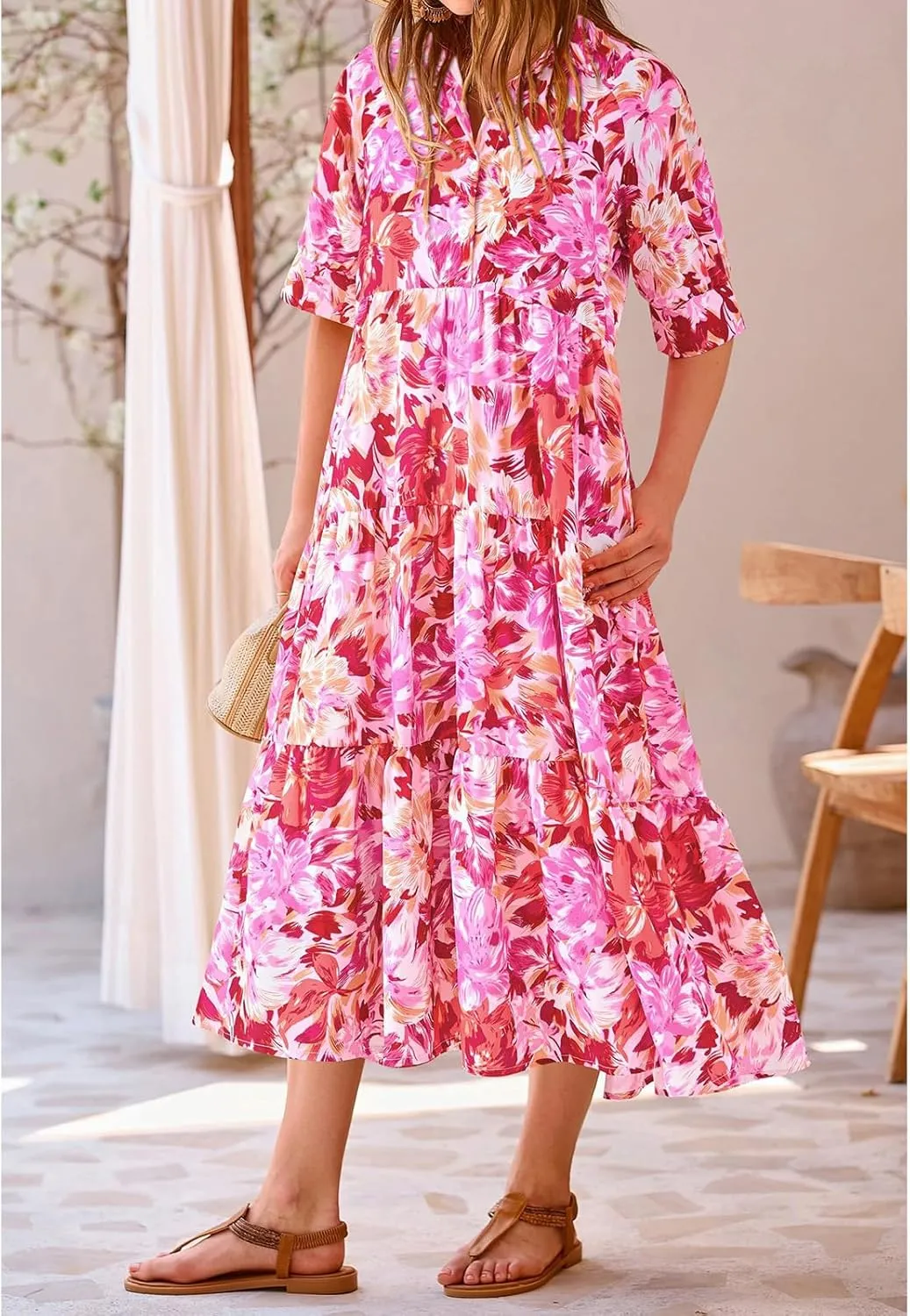 Summer Dresses for Women 2025 Button Down Coolared Shirts Maxi Dress Boho Floral Sundress with Pocket Maxi
