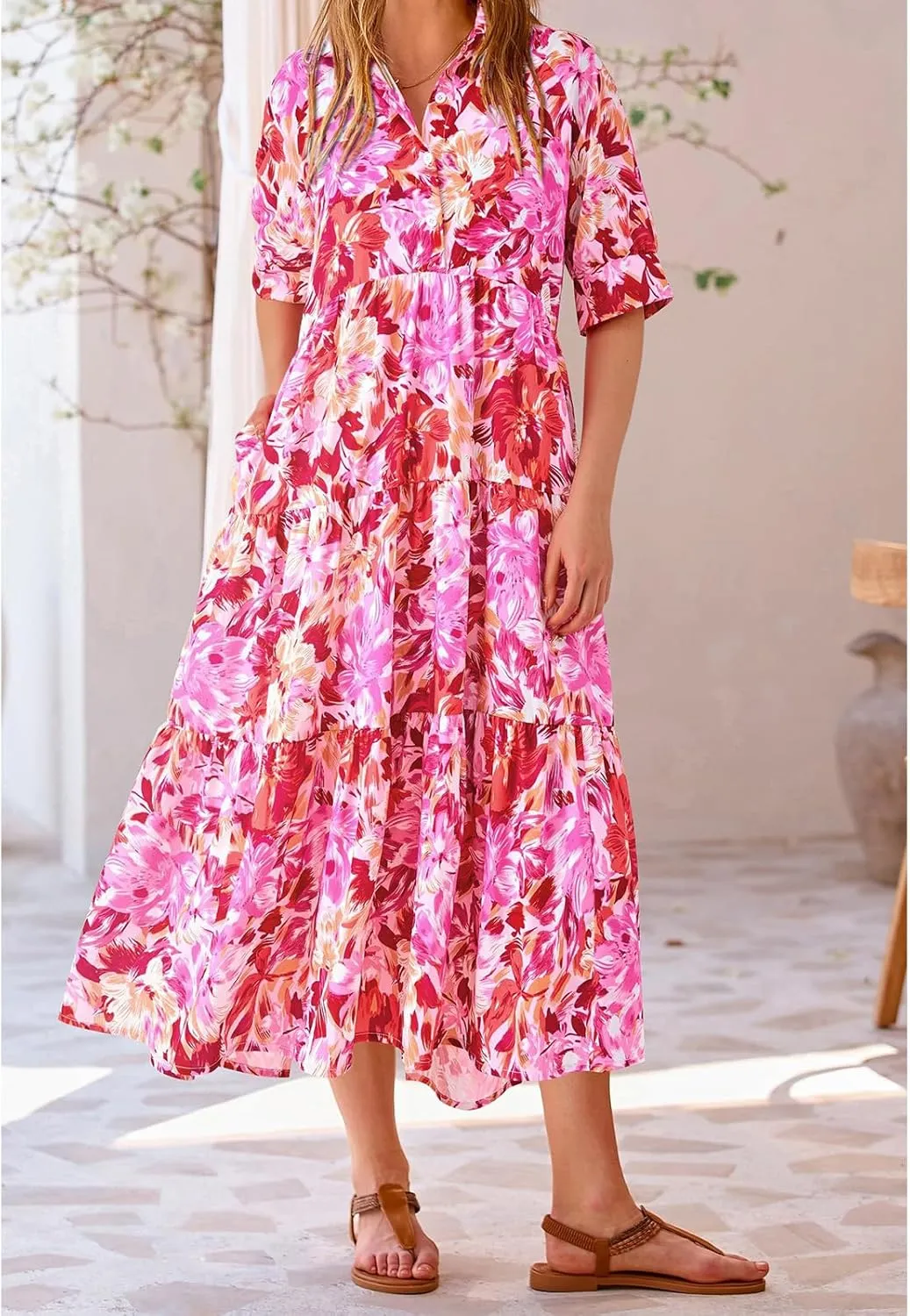 Summer Dresses for Women 2025 Button Down Coolared Shirts Maxi Dress Boho Floral Sundress with Pocket Maxi
