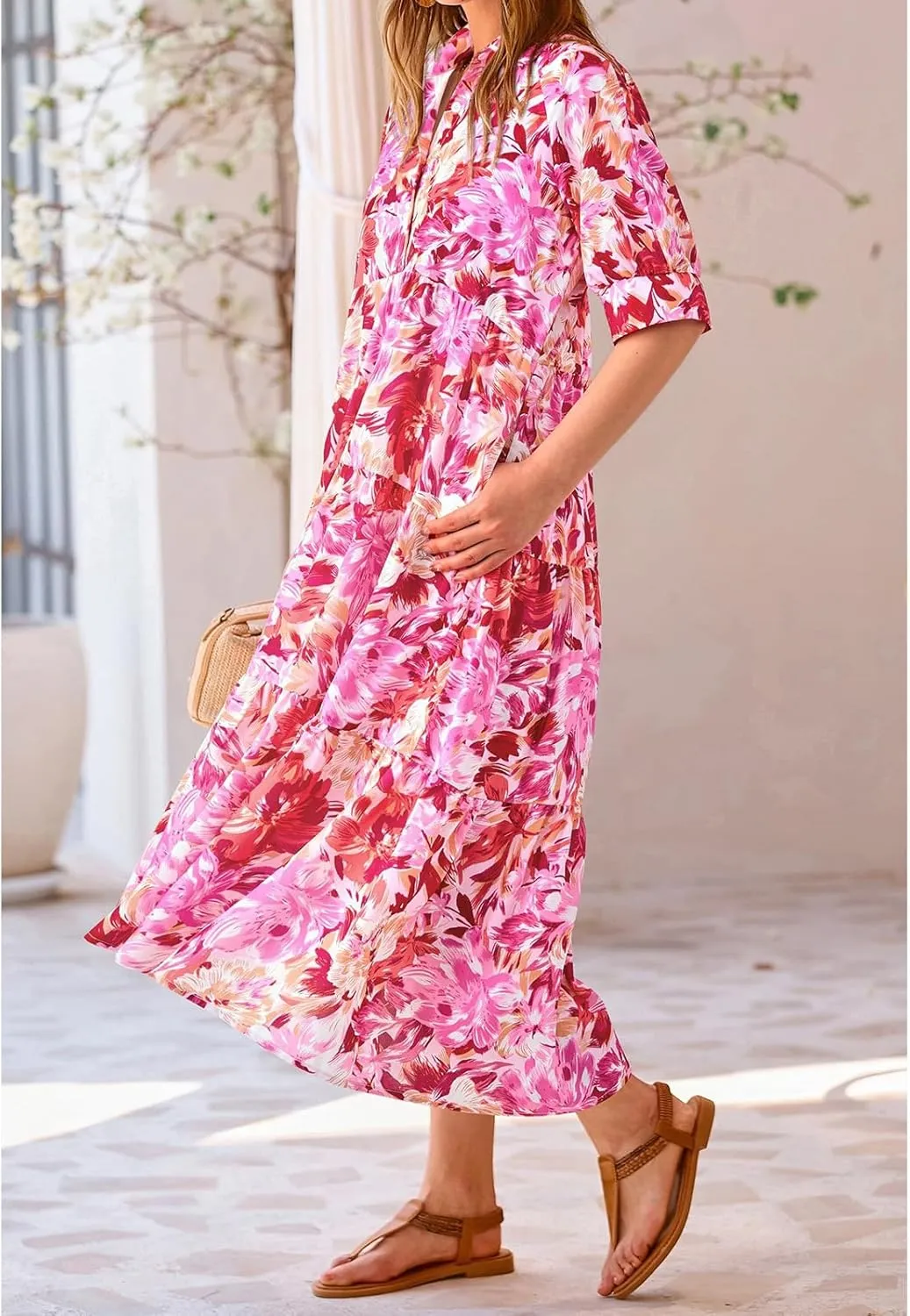 Summer Dresses for Women 2025 Button Down Coolared Shirts Maxi Dress Boho Floral Sundress with Pocket Maxi