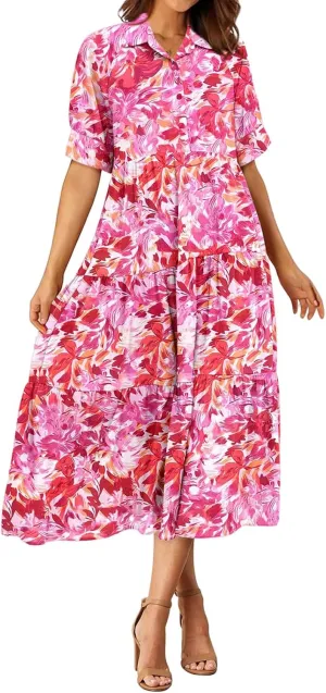 Summer Dresses for Women 2025 Button Down Coolared Shirts Maxi Dress Boho Floral Sundress with Pocket Maxi