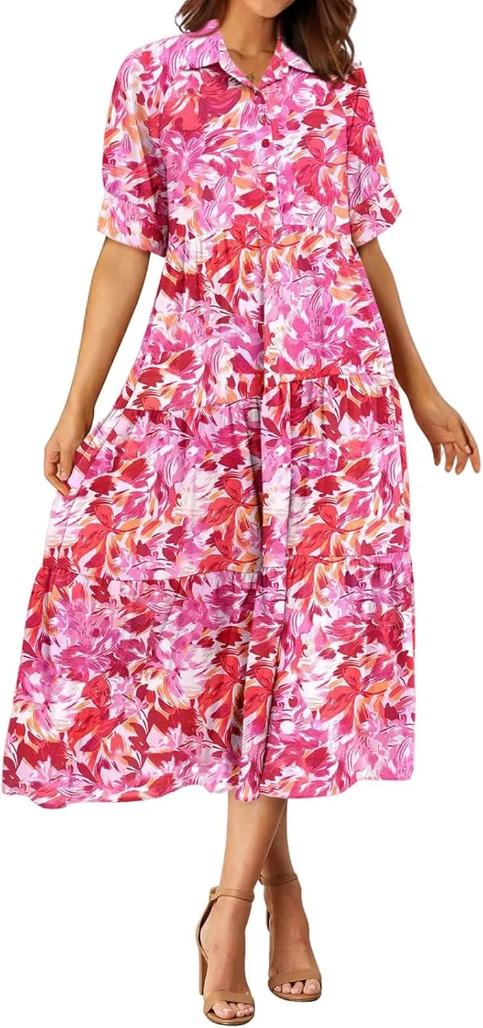 Summer Dresses for Women 2025 Button Down Coolared Shirts Maxi Dress Boho Floral Sundress with Pocket Maxi