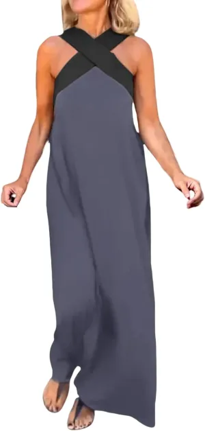 Summer Dresses for Women 2025 Cross Halter Neck Stitching Dress Sleeveless Open Back Maxi Dresses Beach Dress