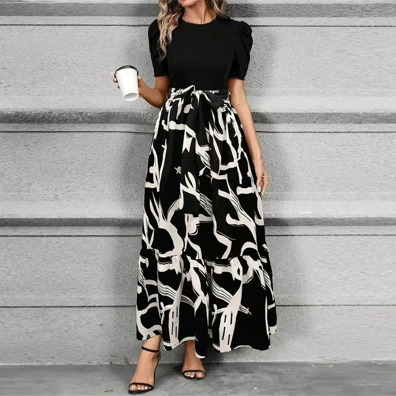 Summer Dresses for Women 2025 Elegant Short Sleeve Crewneck Tshirt Dress Business Casual Smocked Floral Maxi Dresses