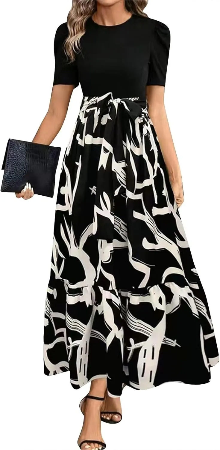 Summer Dresses for Women 2025 Elegant Short Sleeve Crewneck Tshirt Dress Business Casual Smocked Floral Maxi Dresses