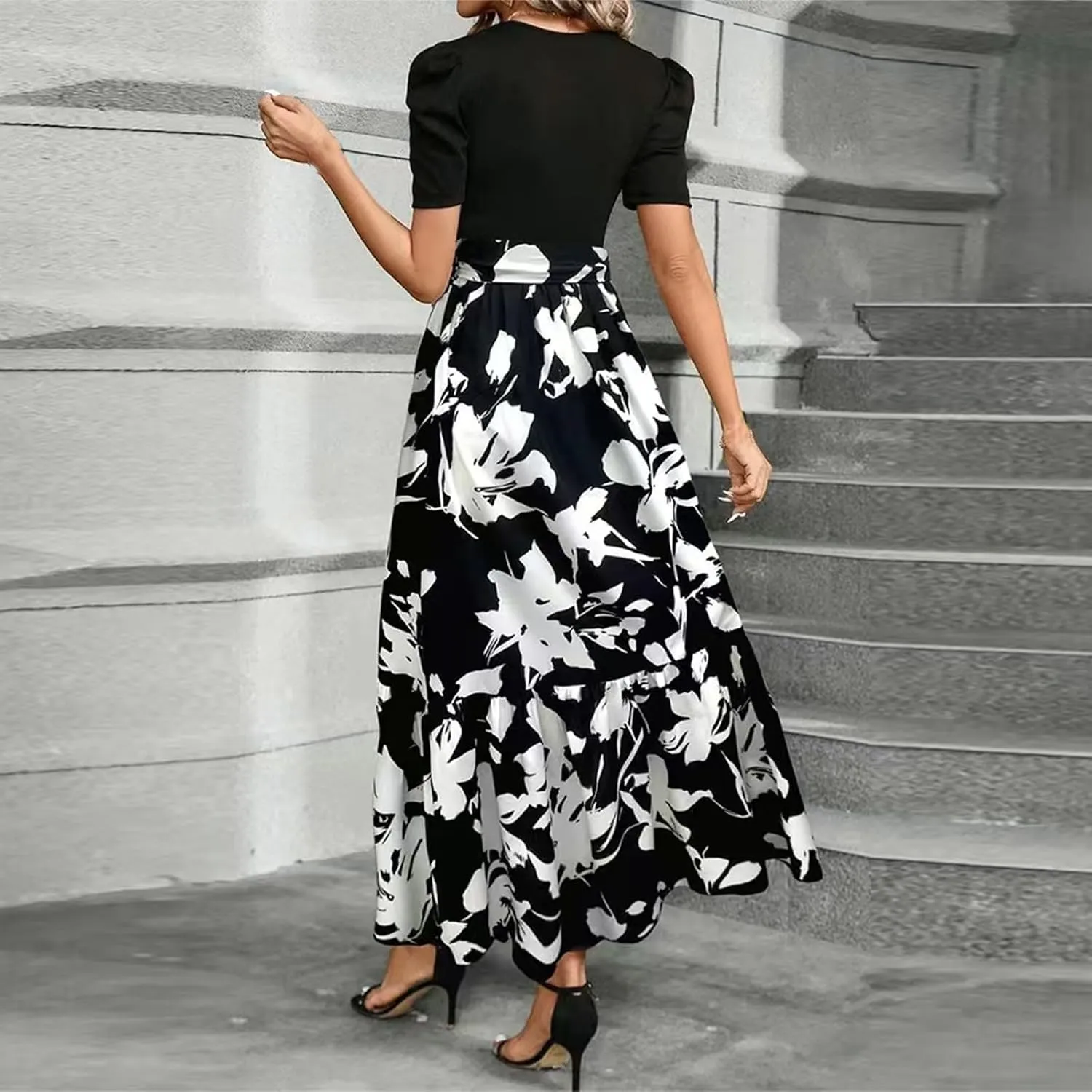Summer Dresses for Women 2025 Elegant Short Sleeve Crewneck Tshirt Dress Business Casual Smocked Floral Maxi Dresses