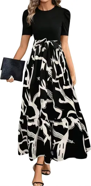 Summer Dresses for Women 2025 Elegant Short Sleeve Crewneck Tshirt Dress Business Casual Smocked Floral Maxi Dresses
