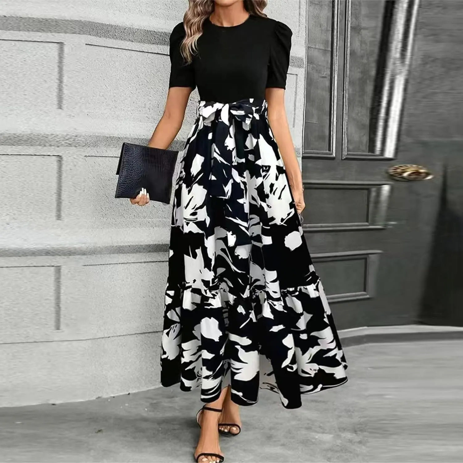 Summer Dresses for Women 2025 Elegant Short Sleeve Crewneck Tshirt Dress Business Casual Smocked Floral Maxi Dresses