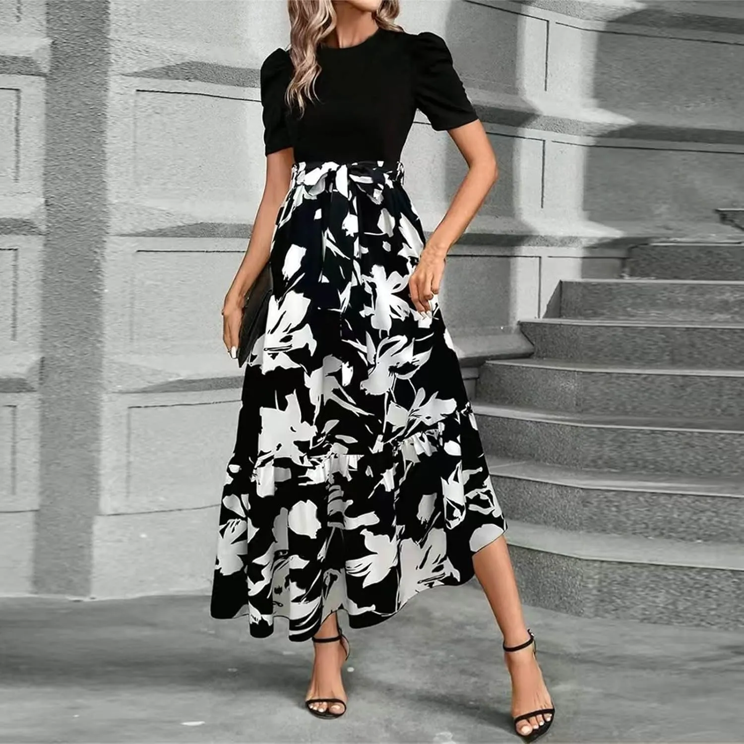 Summer Dresses for Women 2025 Floral Formal DressWrap Short Sleeve Maxi Dress Patchwork Ruffle Hem A Line Dress