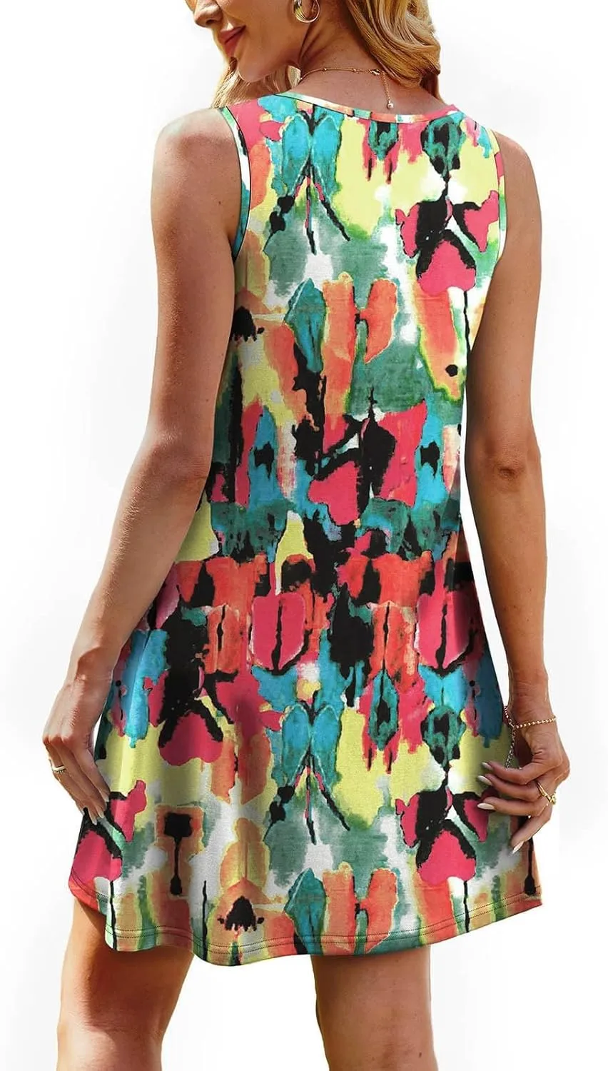 Summer Dresses for Women 2025 Loose Casual Crew Neck Sleeveless Sun Dresses with Pockets Beach Vacation Clothes