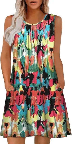 Summer Dresses for Women 2025 Loose Casual Crew Neck Sleeveless Sun Dresses with Pockets Beach Vacation Clothes