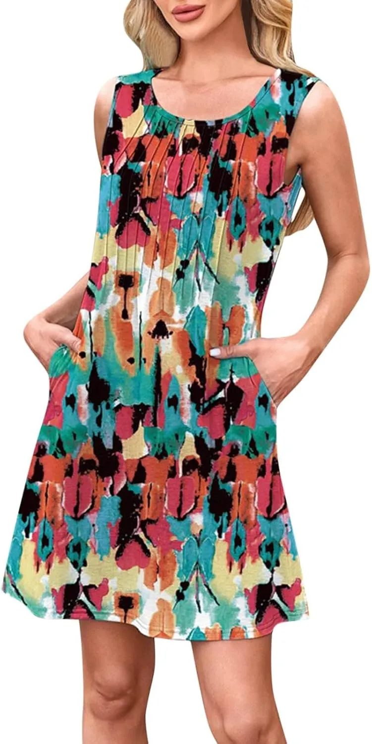 Summer Dresses for Women 2025 Loose Casual Crew Neck Sleeveless Sun Dresses with Pockets Beach Vacation Clothes
