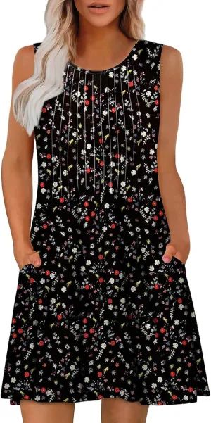 Summer Dresses for Women 2025 Loose Casual Crew Neck Sleeveless Sun Dresses with Pockets Beach Vacation Clothes