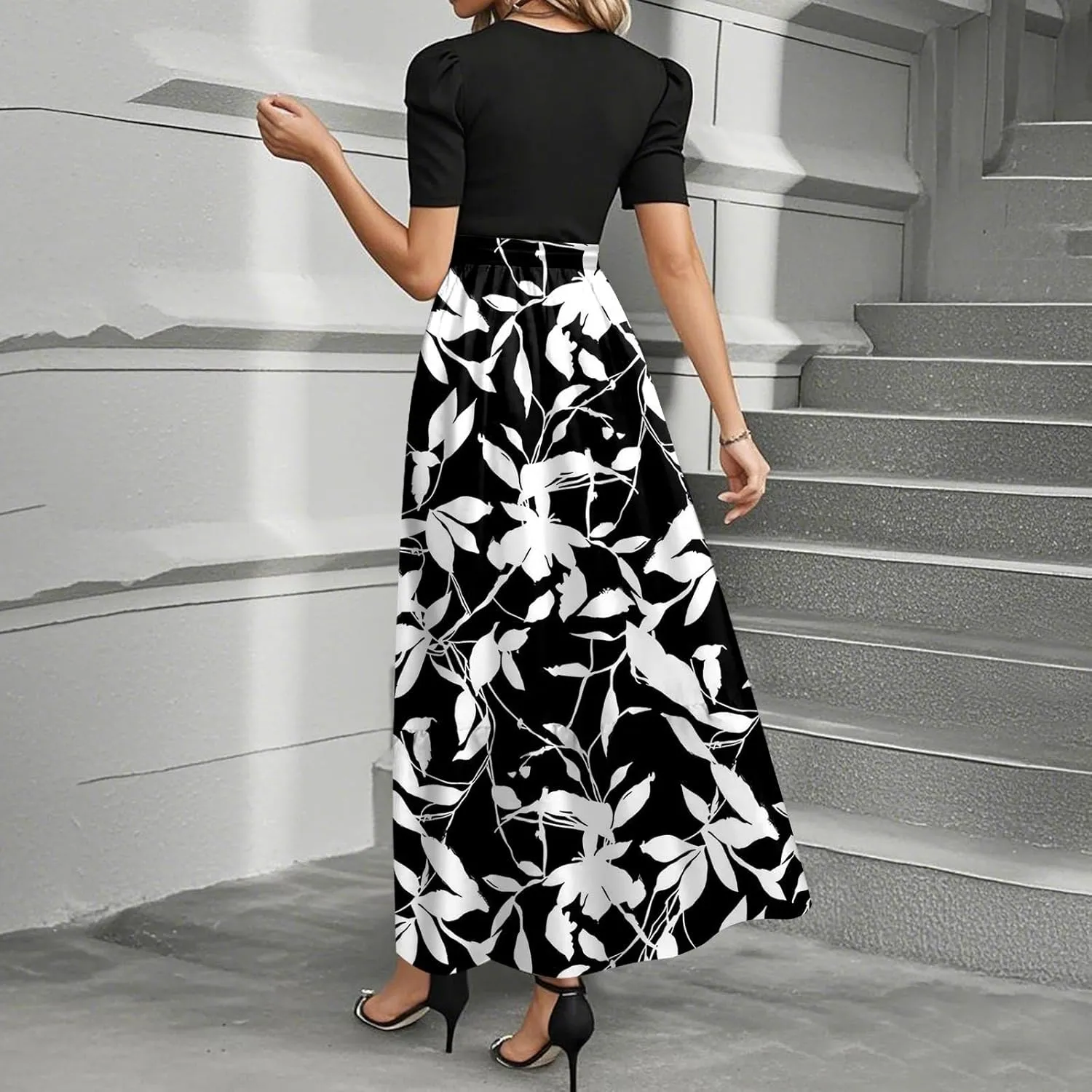 Summer Dresses for Women 2025- Maxi Boho Long Floral Print Patchwork Ruffle Dresses Fashion Short Sleeve A Line Dress