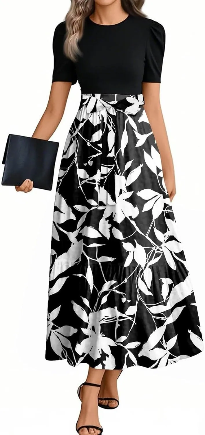 Summer Dresses for Women 2025- Maxi Boho Long Floral Print Patchwork Ruffle Dresses Fashion Short Sleeve A Line Dress