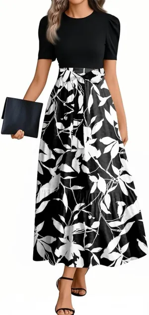 Summer Dresses for Women 2025- Maxi Boho Long Floral Print Patchwork Ruffle Dresses Fashion Short Sleeve A Line Dress