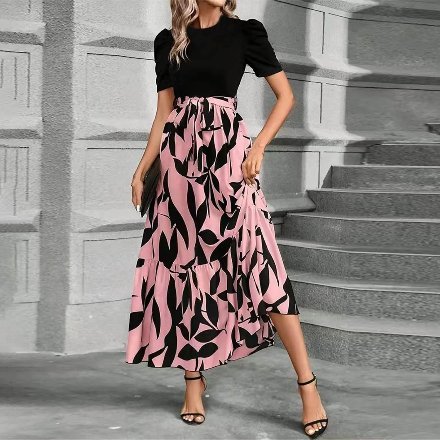 Summer Dresses for Women 2025 Puff Sleeve Empire Waist Flower Maxi Dress Elegant Tiered Long Dressy A Line Dress