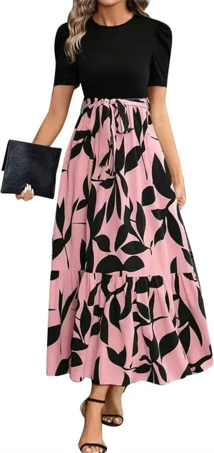 Summer Dresses for Women 2025 Puff Sleeve Empire Waist Flower Maxi Dress Elegant Tiered Long Dressy A Line Dress