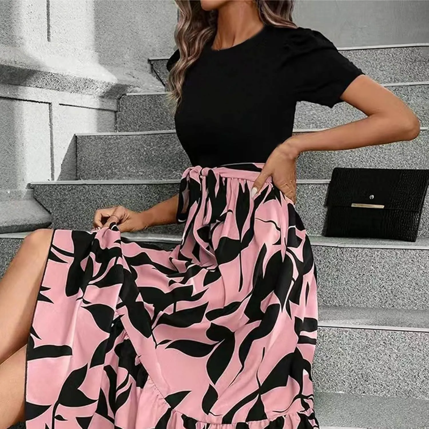 Summer Dresses for Women 2025 Puff Sleeve Empire Waist Flower Maxi Dress Elegant Tiered Long Dressy A Line Dress