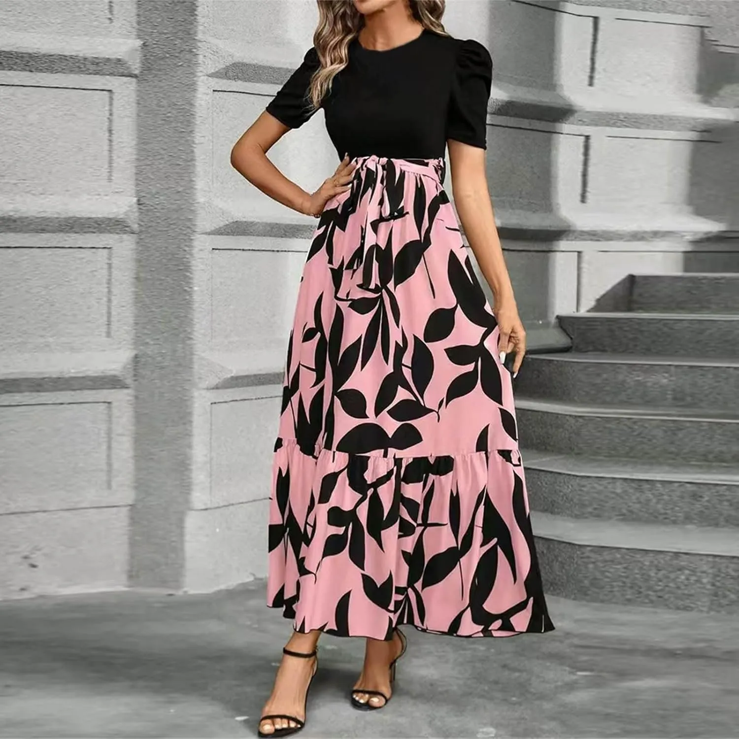 Summer Dresses for Women 2025 Puff Sleeve Empire Waist Flower Maxi Dress Elegant Tiered Long Dressy A Line Dress