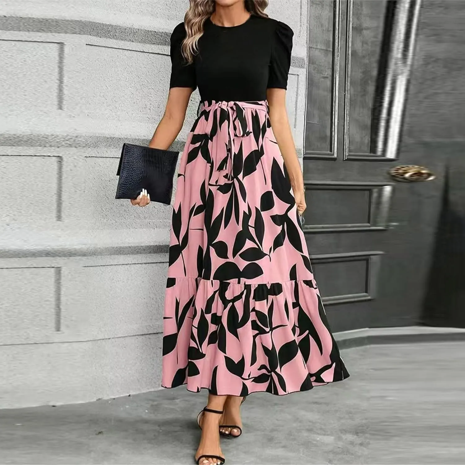 Summer Dresses for Women 2025 Puff Sleeve Empire Waist Flower Maxi Dress Elegant Tiered Long Dressy A Line Dress