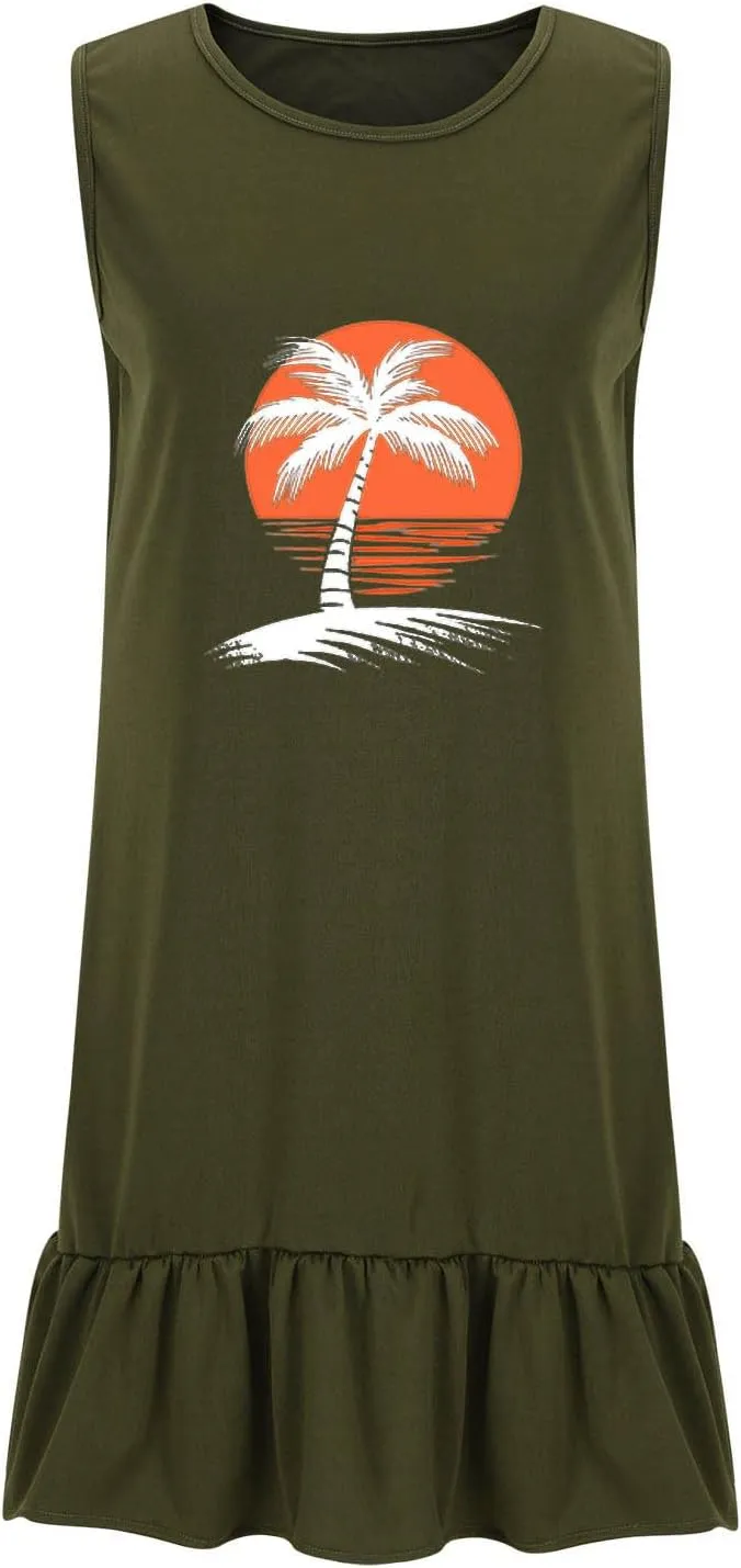 Summer Dresses for Women 2025 Sleeveless Crewneck Flowy Short Dress Trendy Graphic Loose Fit Dress
