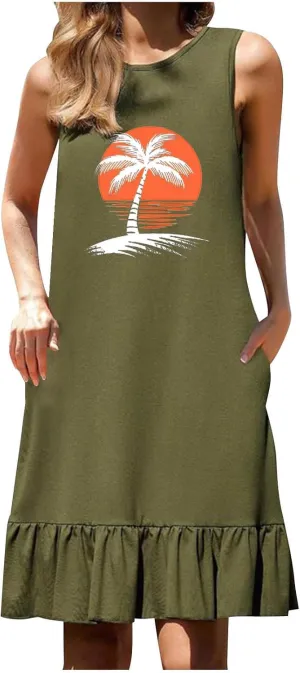 Summer Dresses for Women 2025 Sleeveless Crewneck Flowy Short Dress Trendy Graphic Loose Fit Dress