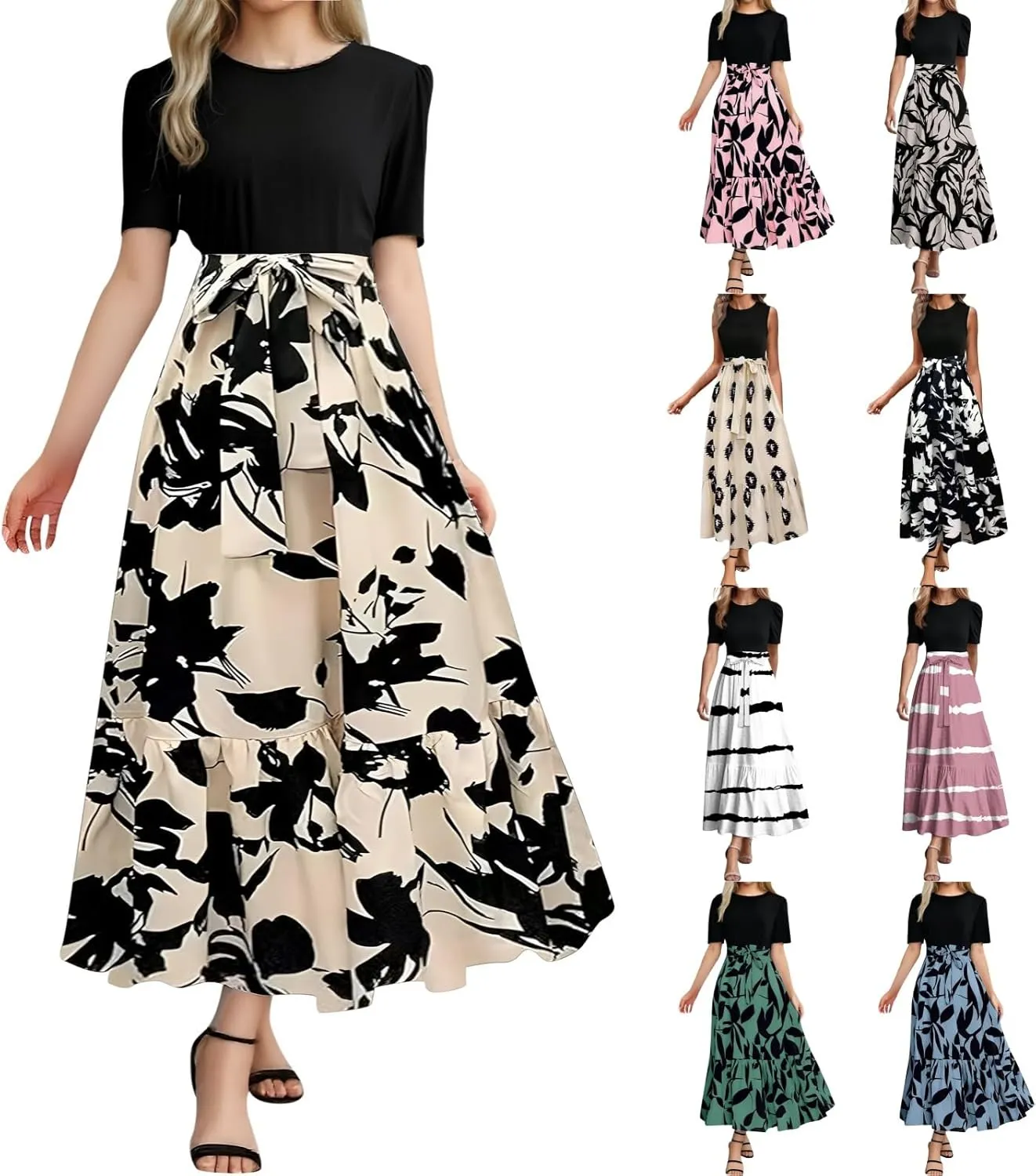 Summer Dresses for Women 2025 Tie Belted Patchwork Ruffle Hem A Line Boho Maxi Dress Short Sleeve Crewneck Long Dress