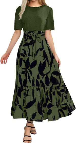 Summer Dresses for Women 2025 Tie Belted Patchwork Ruffle Hem A Line Boho Maxi Dress Short Sleeve Crewneck Long Dress