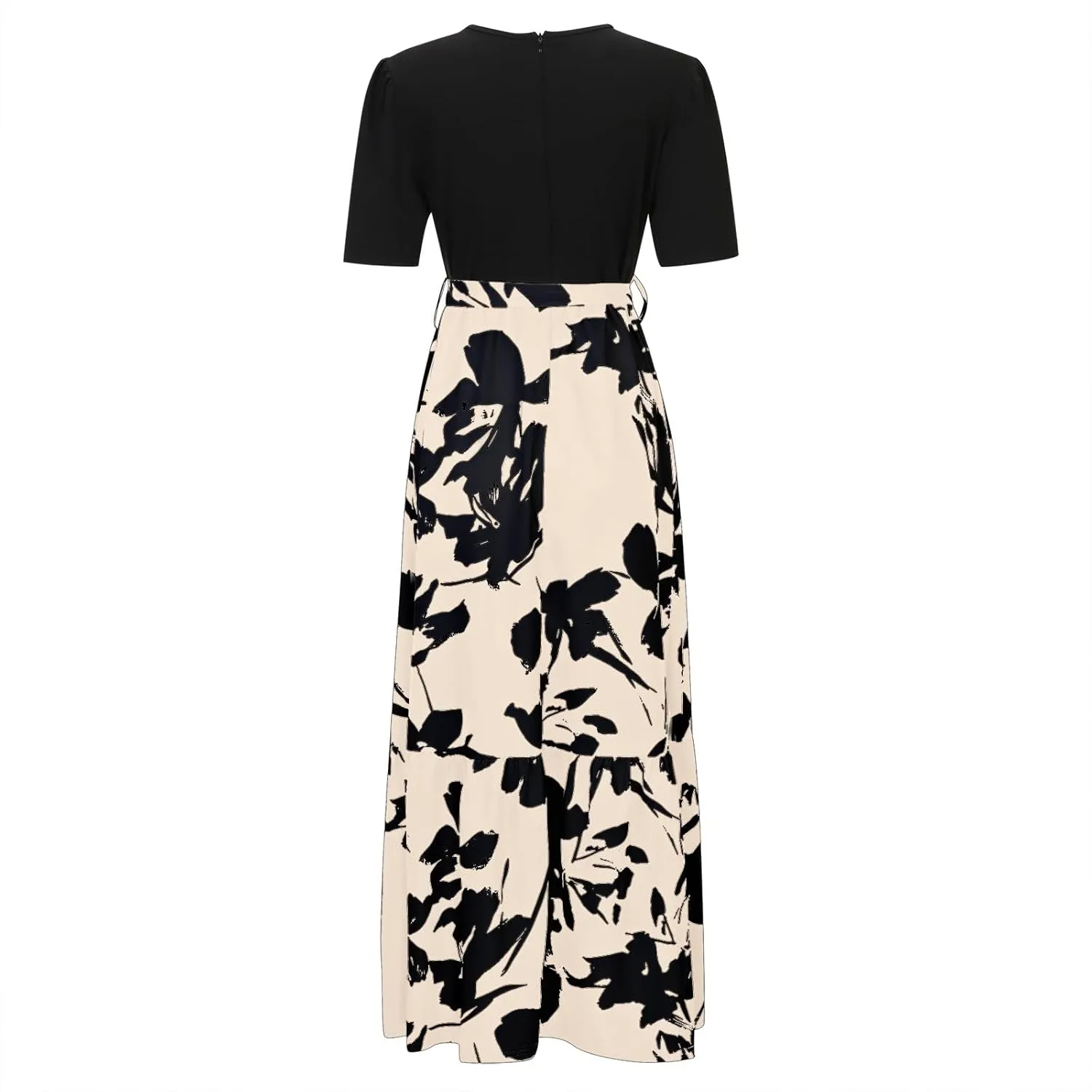 Summer Dresses for Women 2025 Tie Belted Patchwork Ruffle Hem A Line Boho Maxi Dress Short Sleeve Crewneck Long Dress