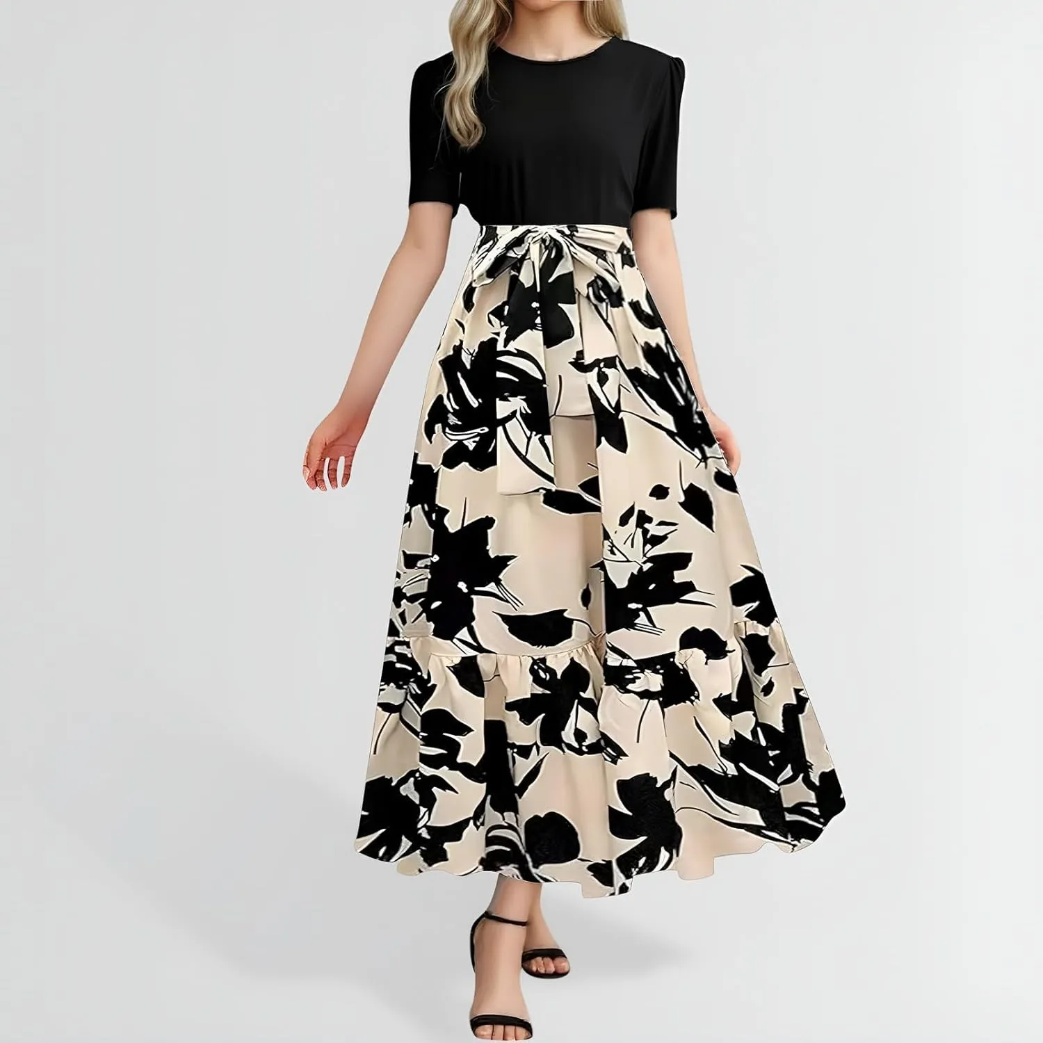 Summer Dresses for Women 2025 Tie Belted Patchwork Ruffle Hem A Line Boho Maxi Dress Short Sleeve Crewneck Long Dress