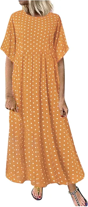 Summer Dresses for Women 2025 Women's Casual Loose Polka Dots Print Dresses Tiered Short Sleeve Beach Vacation Dress