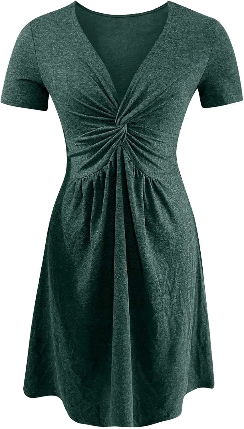 Summer Dresses for Women A-Line V Neck Sleeveless Dress Knotted Front Sundress Beach Vacation Outfits Sexy Sundress