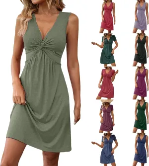 Summer Dresses for Women A-Line V Neck Sleeveless Dress Knotted Front Sundress Beach Vacation Outfits Sexy Sundress